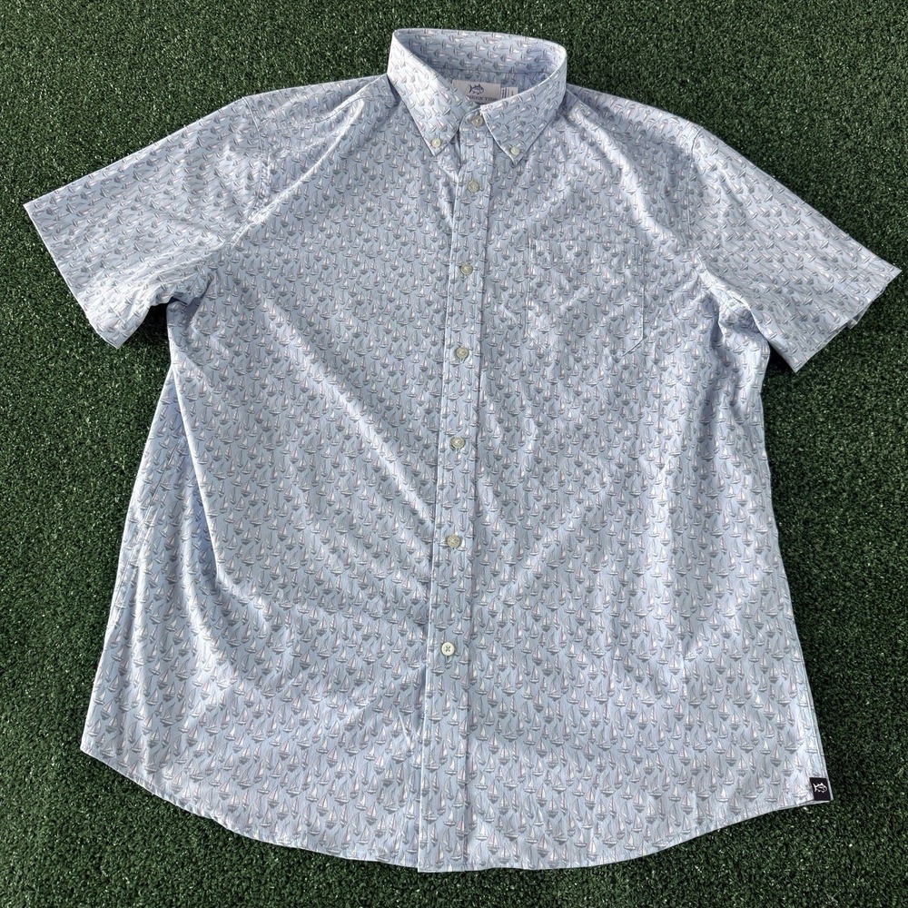 Southern Tide Mens Short Sleeve Button Shirt Hawaiian All Over Print Large Blue